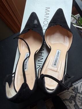 Manolo Blahnik Black Suede Pointed D'Orsay Flats with Ankle Ties